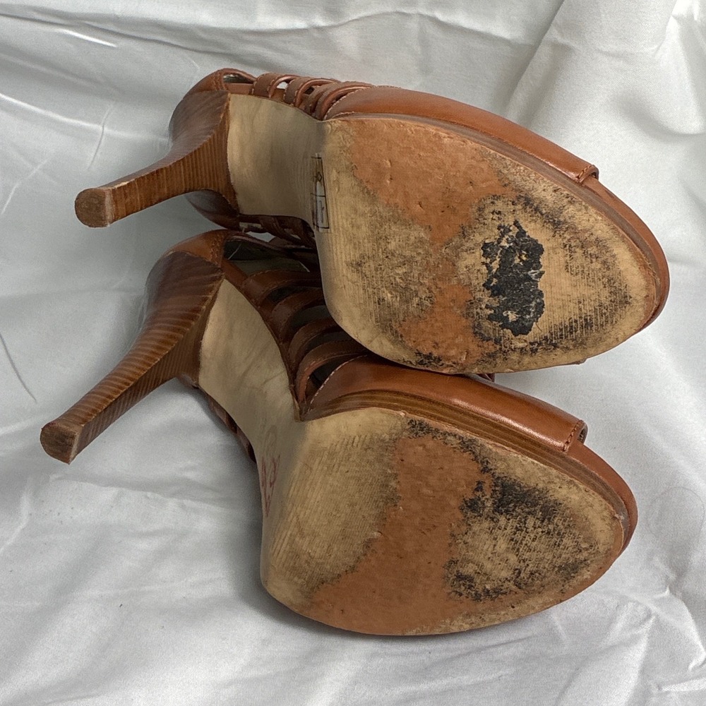 Michael Kors Tan Leather Strappy Gladiator Platform Heels Brown Gold Buckle 9.5M - Picture 6 of 10